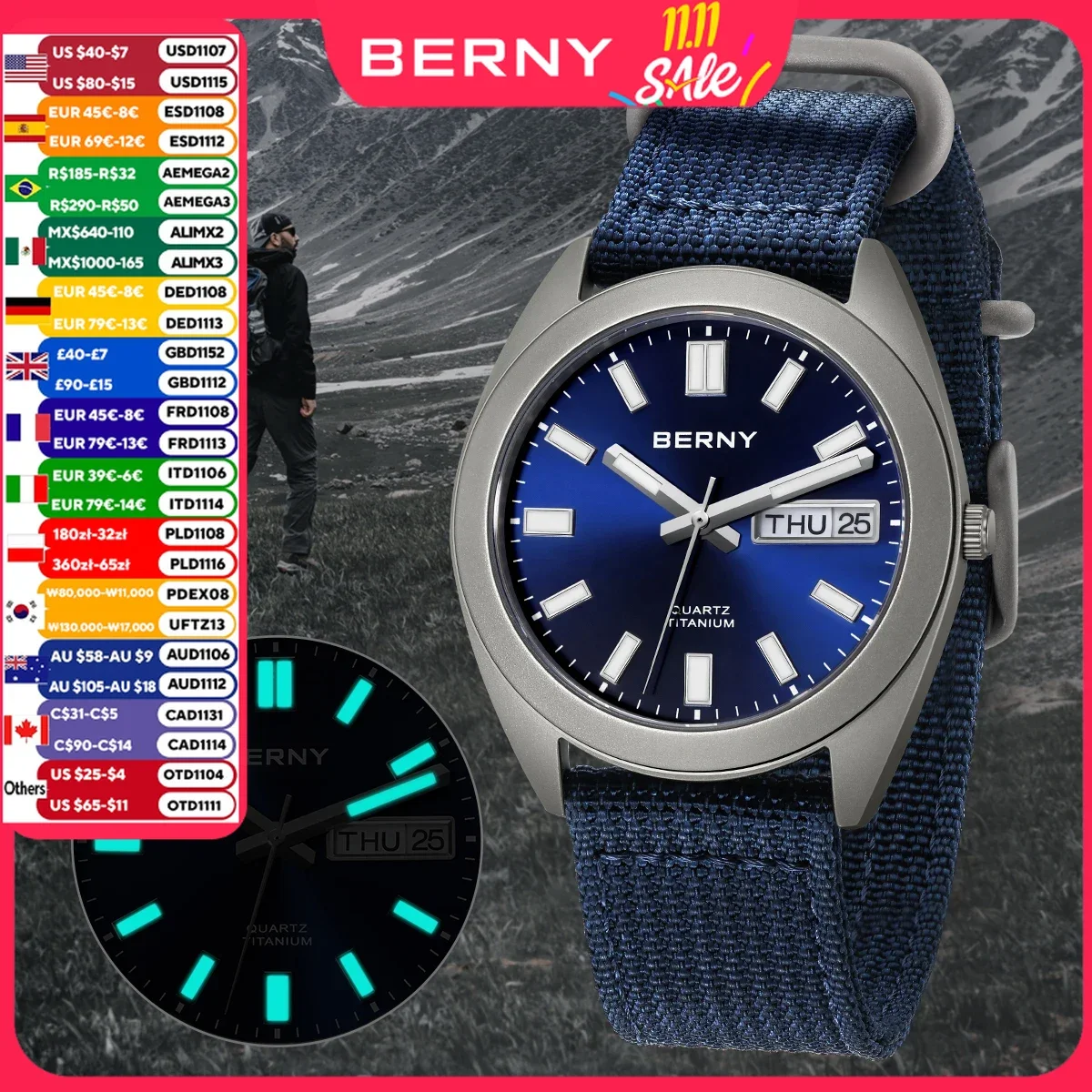 BERNY Titanium Men Watch Supper Luminous Sport Field Quartz Wristwatch Super Luminous Sapphire 100m Waterproof SNXS75 Watches