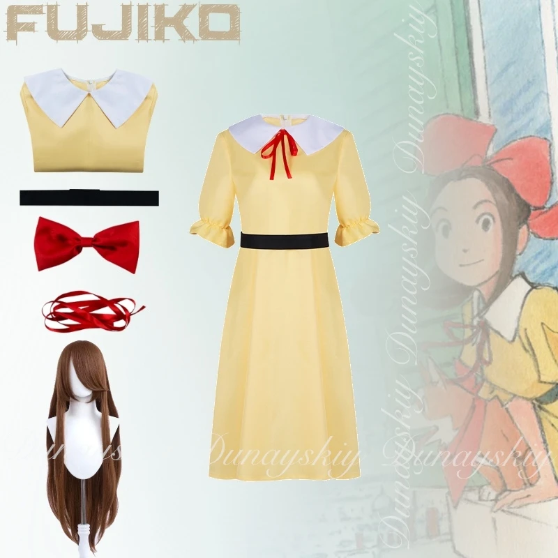

Полный комплект для косплея «Звездные сияния в Париже» в стиле аниме «Fujiko» — желтое платье с персонажем художника и длинный коричневый парик, костюм