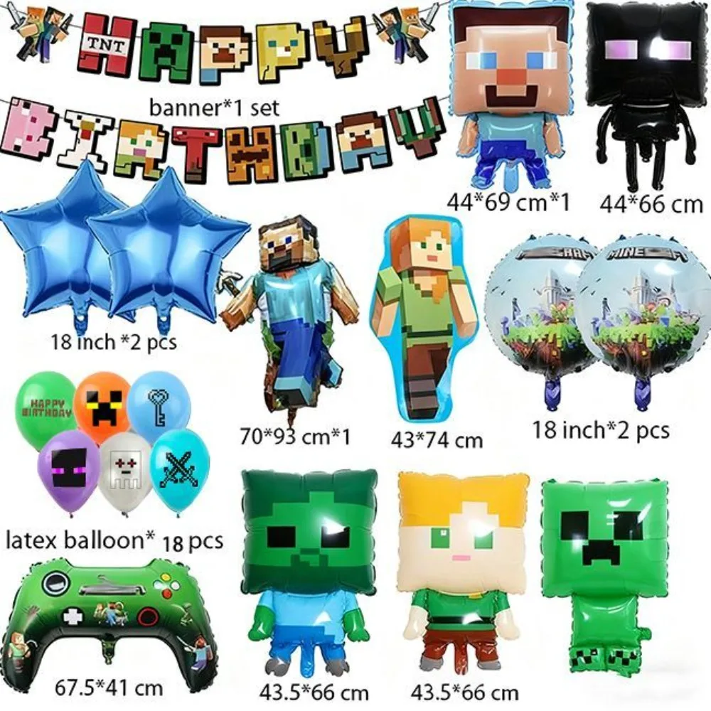 Minecraft Birthday Balloon Decor Set Pixel Game Happy Birthday Banner Foil Latex Balloons Gamer Photo Prop Shower Supplies