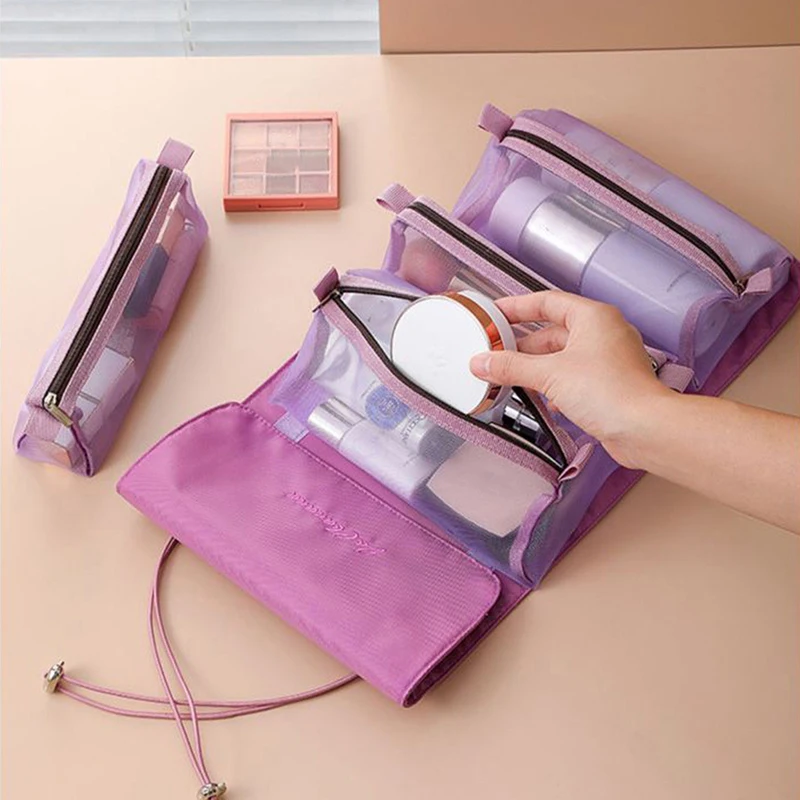 In 1 Borsa per trucco staccabile Borsa per cosmetici da donna in rete con cerniera di grande capacità Borsa da viaggio portatile pieghevole per il