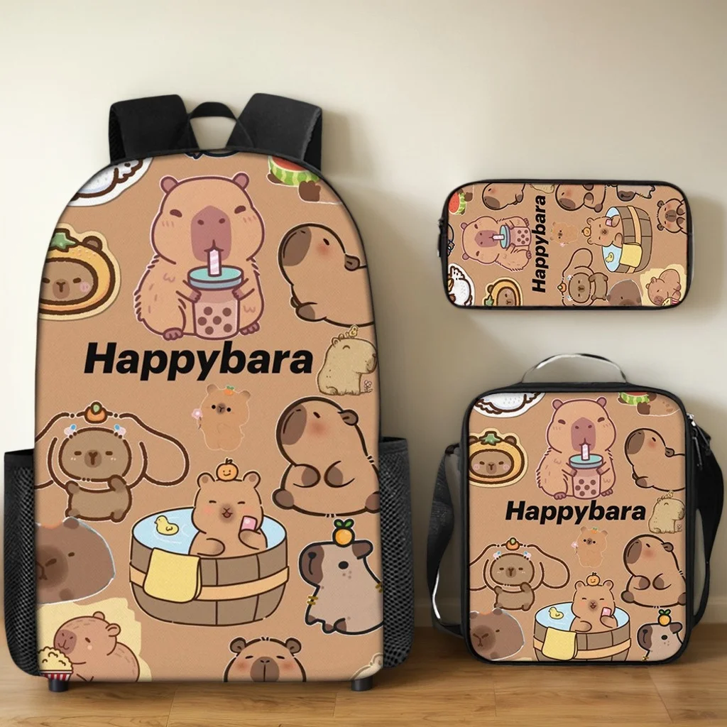 Kids Cute Capybara Graphic Knapsacl Waterproof Canvas Bookbag 3 Pieces Student School Backpack Shoulder Bag Pencil Case