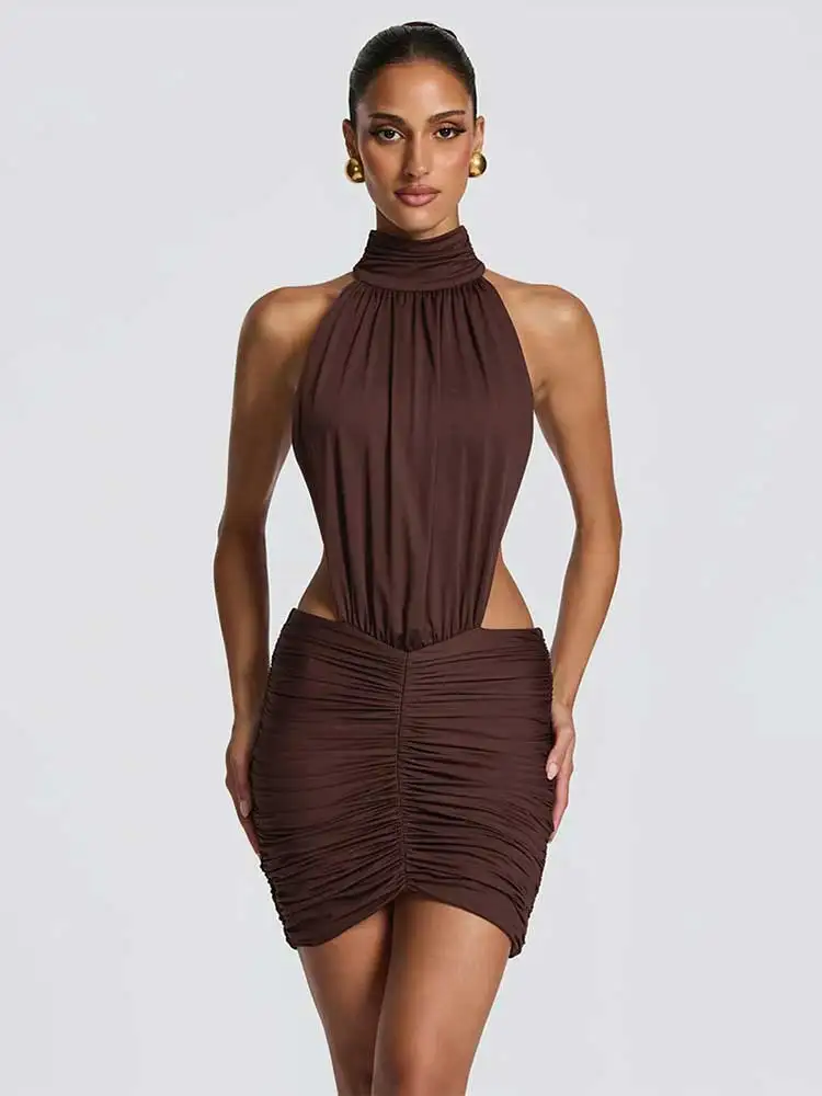 GACVGA Neckholder-Kleid mit hohem Kragen, sexy Minikleid für Damen, elegant, drapiert, geraffte Taille, Ausschnitt, figurbetontes Cocktail-Club-Partykleid