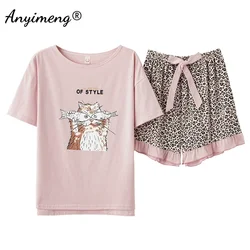 New Summer Fashion Women Pajama Sets Leopard Print Short Pants Cat Printing Sleepwear Big Size 4XL Leisure Pijamas for Girls