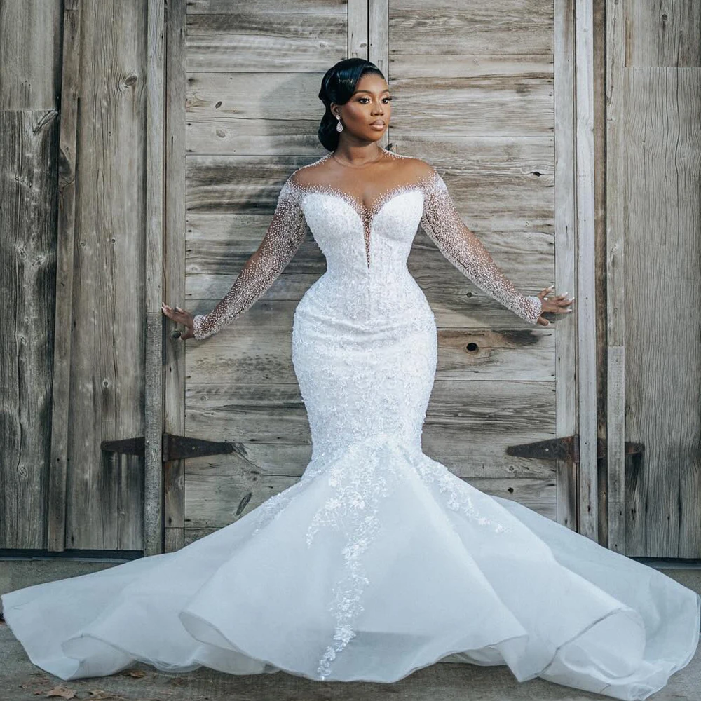 

Luxury Mermaid Wedding Dresses for Bride O Neck Long Sleeve Sweep Train Major Beading Lace Africa Garden Bridal Gowns Customized