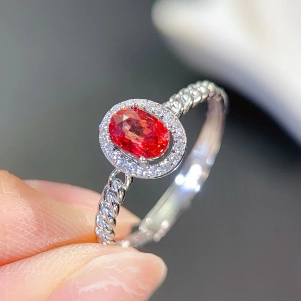 

925 Silver Treated Natural Red Sapphire Ring, 4x6mm Oval Cut Gemstone Chain Design Band, Dainty Silver Jewelry Gift for Women