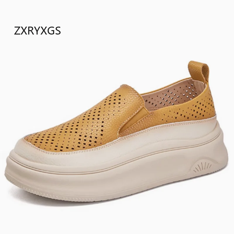 

ZXRYXGS 2025 Summer Autumn Genuine Leather Hole Hole Shoes Breathable Sandals Women Platform Shoes Elevator Fashion Casual Shoes