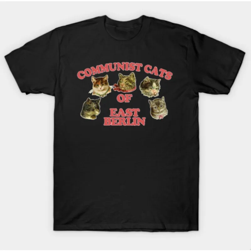 

Communist Cats of East Berlin Graphic Printed T Shirt Retro Socialist Design with Six Funny Cat Faces Red Text Black Shirt