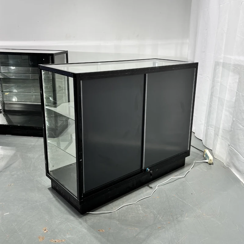 Black Adjustable Glass Display Case with LED Lights Aluminum Frame for Smoke Shops & Retail Counters