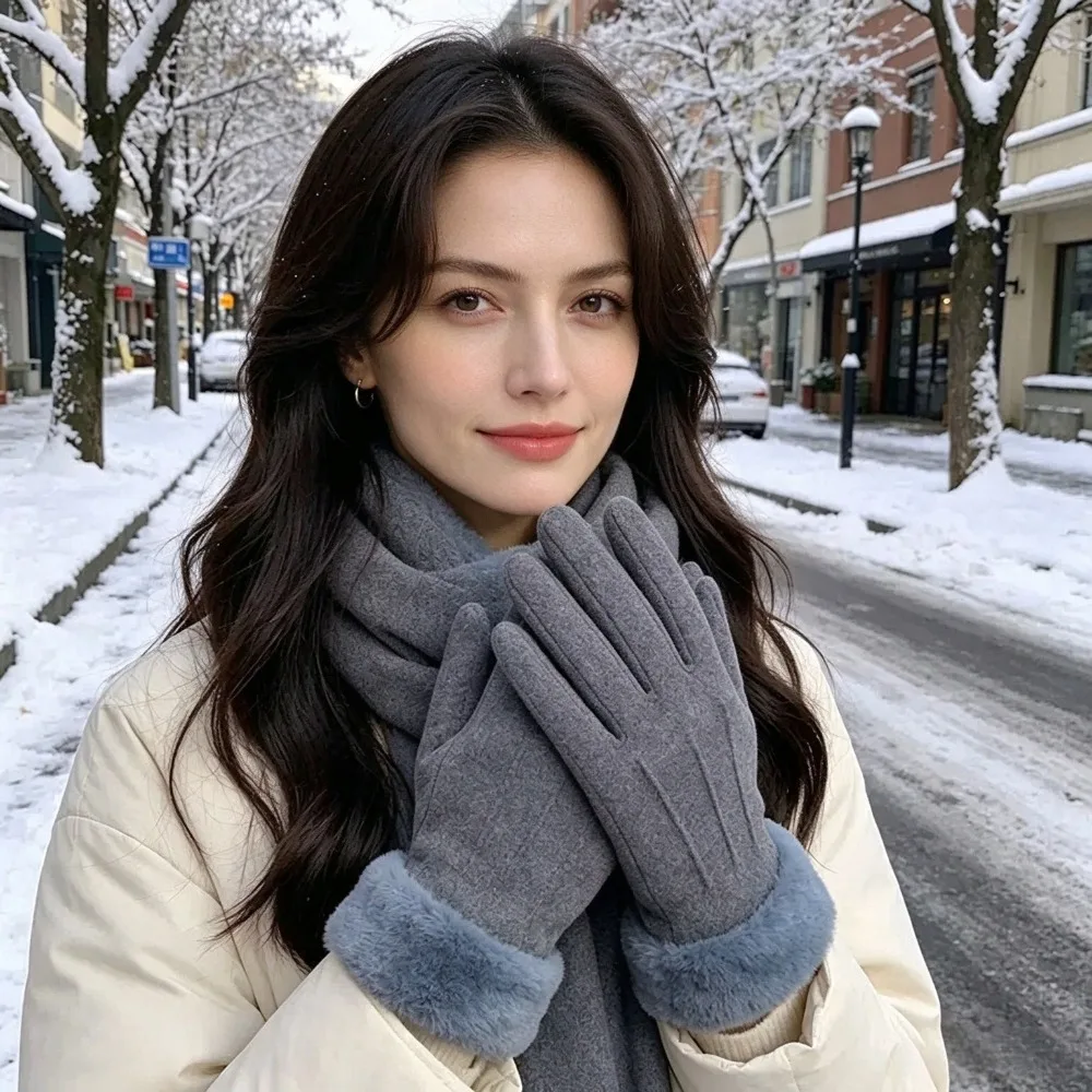 Touchscreen Gloves for Women Winter Faux Fur Cuff Warm Thick Plush Faux Suede Full Finger Soft Solid Color Autumn Texting