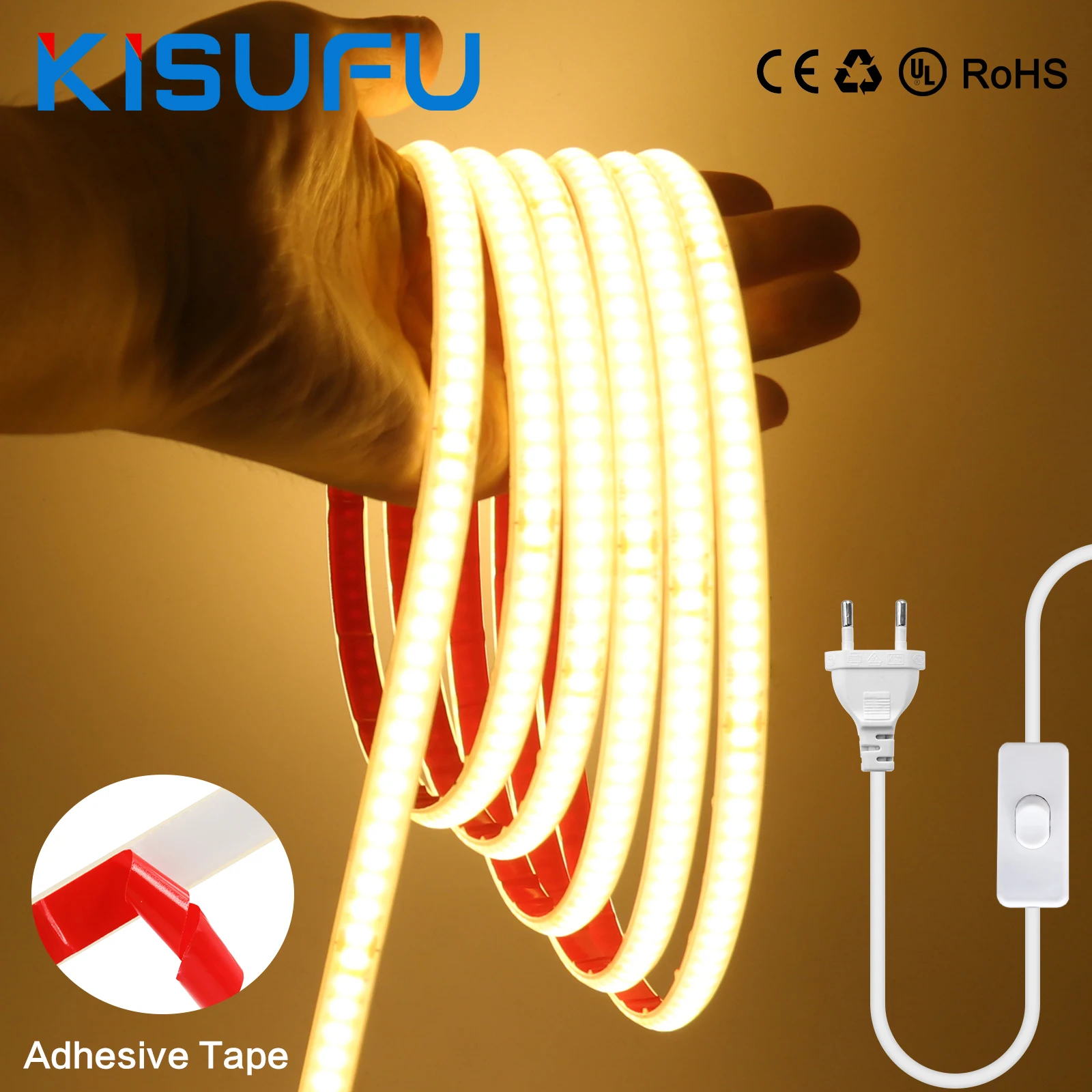 

220V COB Adhesive LED Neon Strip With/NO Switch Plug 240LED/M 10CM Cut Flexible Silicone Ribbon Tape Home Garden Lighting 1-100M