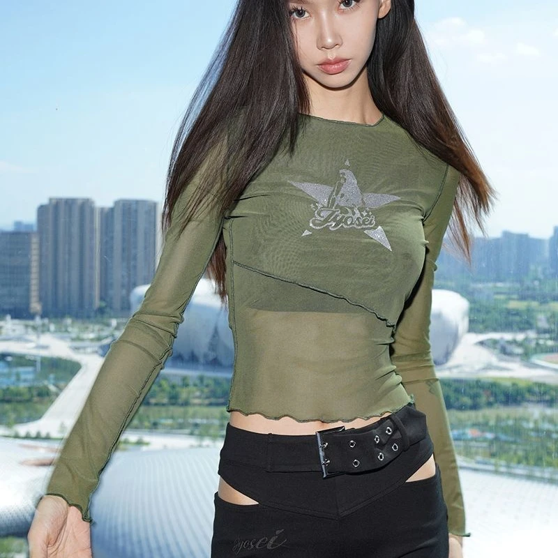 Sexy Mesh Shiny Long Sleeve Retro Army Green Star Printed Pattern Women's Thin O Neck Streetwear Slim Skinny Base Clothes