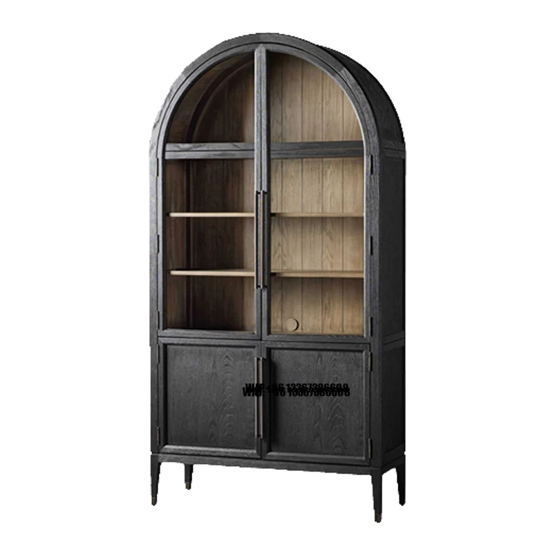 American Light Luxury Solid Wood Bookcase Nordic Side Cabinet Black Arched Glass Doors Decorated French Vintage Wine Cabinet