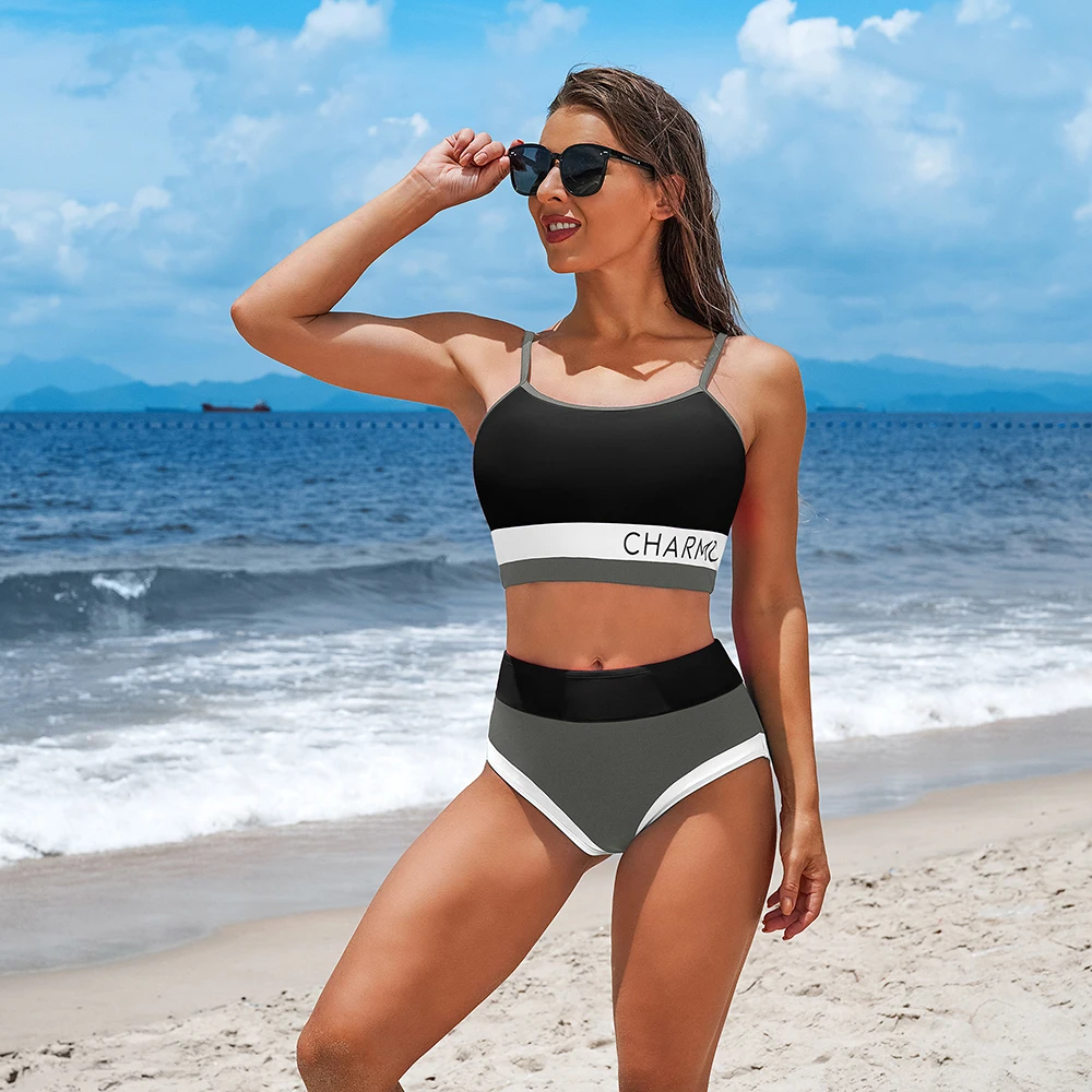 Anfilia Women Sporty Casual Crop Bikini Set Logo Print Two Piece Set Color Block Swimsuit Bathing Suit Swimwear