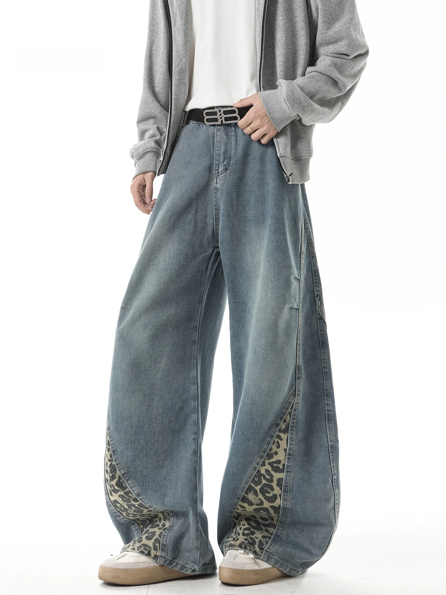 

Retro American Leopard Print Knife Jeans Men Autumn Winter Trendy Cleanfit Waed Wide Leg Long Pants Polyester Fiber
