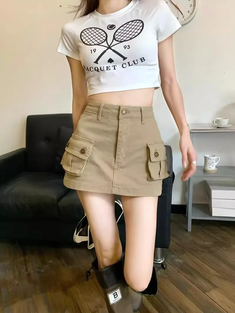 Cowboy-Midirock mit hoher Taille und amerikanischem Khaki-Farbton, kurzer Sommerrock im „Spicy Girl“-Stil, figurbetonter Rock für den Arbeitsalltag. – Detail 10