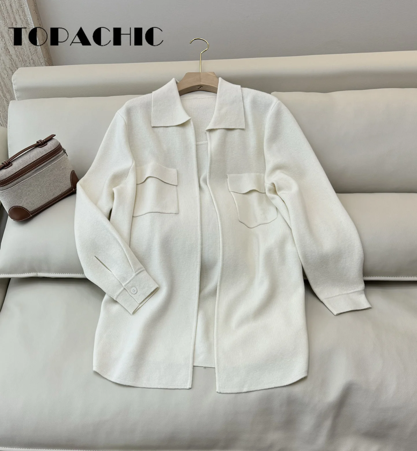 9.4 TOPACHIC Women Embroidery Letter Wool Knit Soft Comfortable Cardigan Elegant Lapel Pocket Loose Casual Long Knit Coat