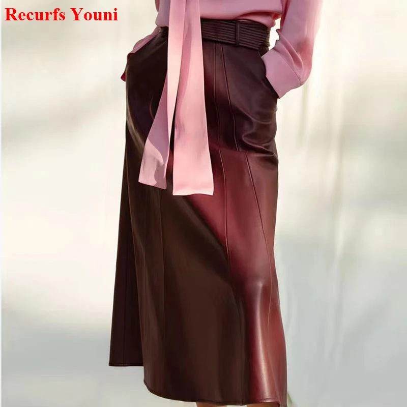 Burgundy Long Leather Skirt for Women 2025 Branded New French Elegant Genuine Sheepskin Umbrella Longuette With Belt Jupe Femme