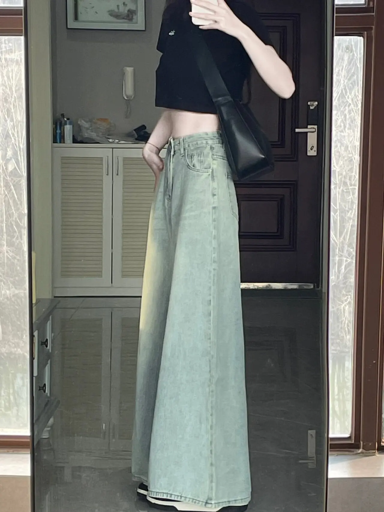 

Retro Faded Light High Waist Wide Leg Denim Skirt Women's Spring Autumn Loose Slimming Floor Length Pants