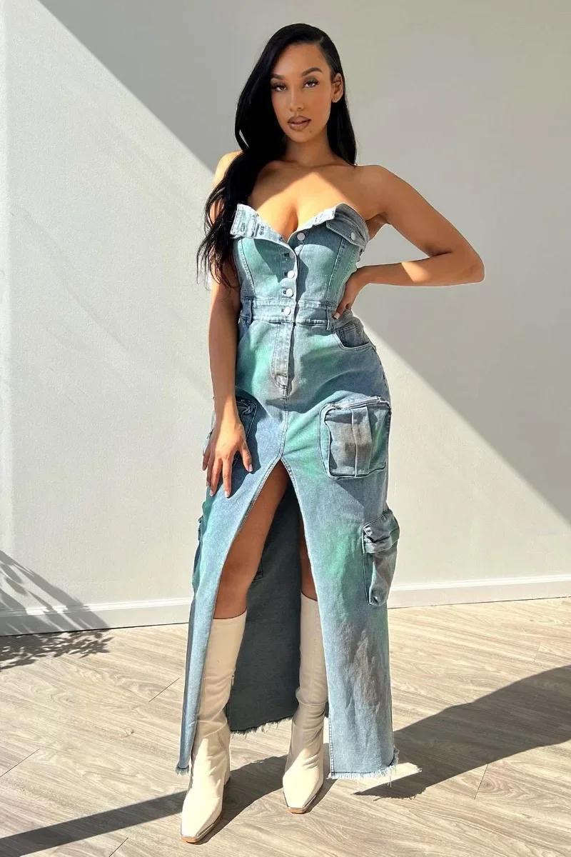 Denim Strapless Cargo Dress Multi Pockets Tie Dye Print Women Fashion Sexy Sleeveless Backless Split Maxi Casual Jeans Dresses