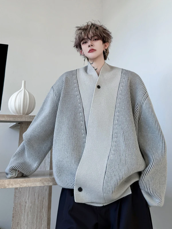 

Thiened Loose V-Ne Knitted Cardigan Sweater Trendy Brand Autumn Winter Men's Faion Korean Sle Striped Outerwear Coat