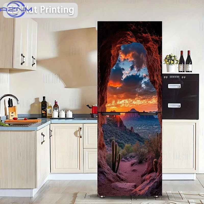 [2D Flat Printing] 1pc Refrigerator Sticker Cave Perspective Sunset Mountain Landscape Theme Scene Wall Decal Self-Adhesive Su