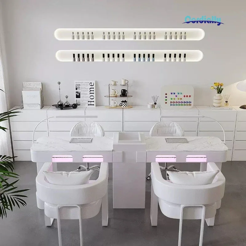 Luxury White Modern Nail Salon Manicure Desk Integrated Dust Collector LED UV Curing Lamp Work Table Furniture