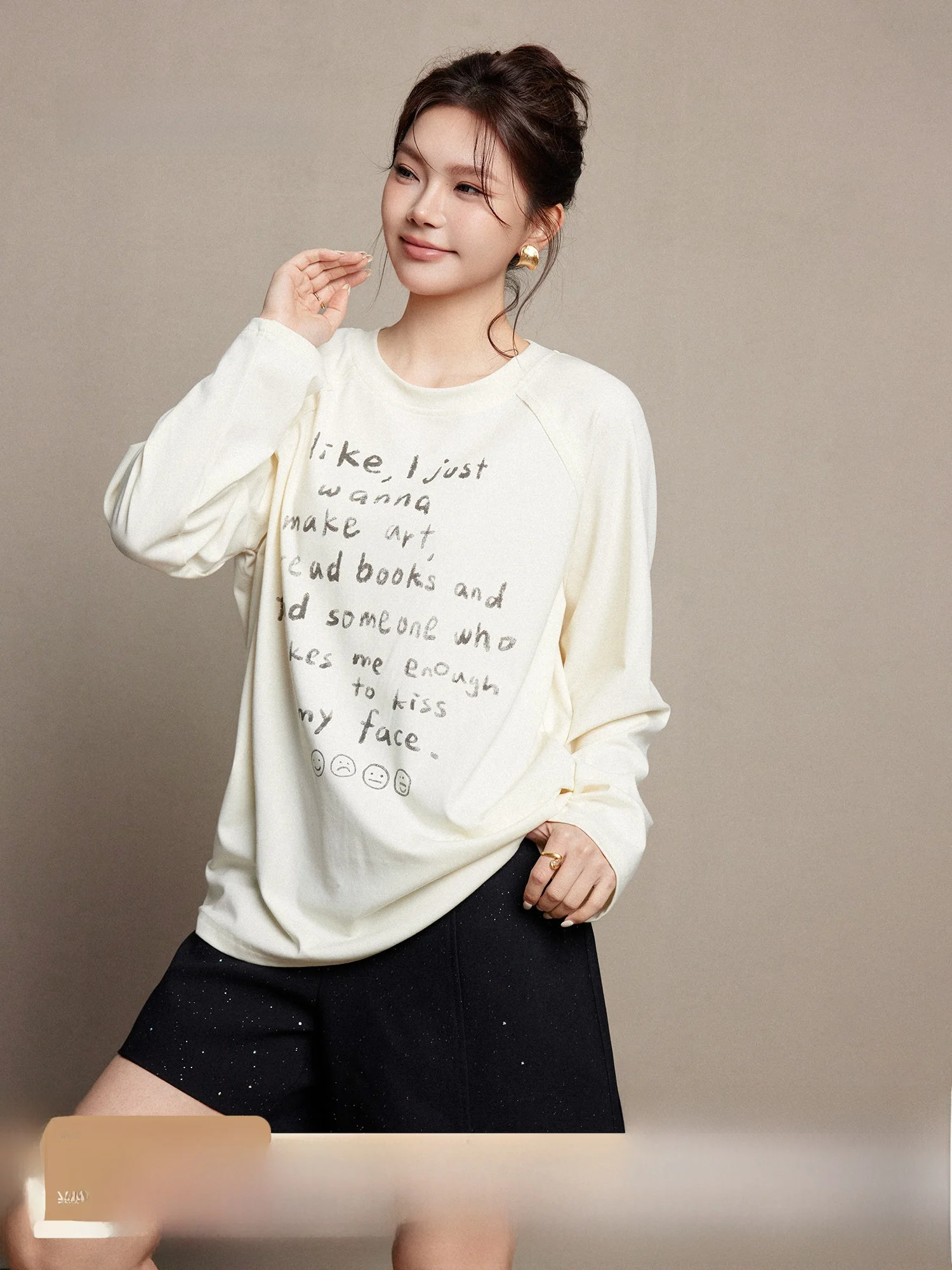 

Футболка Plusmall Oxygen Sensation Lazy Person, весна 2026, свободная повседневная женская футболка с круглым вырезом и принтом, с длинными рукавами