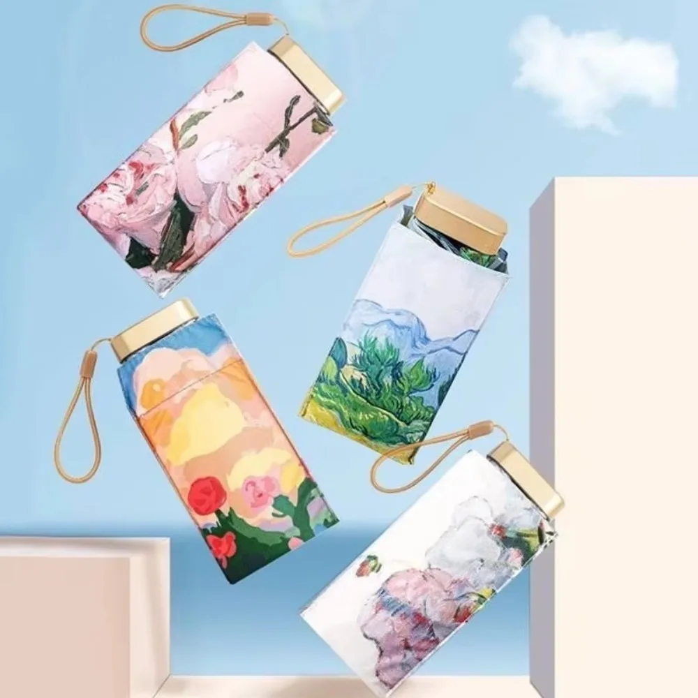

Oil Painting Mini Sun Umbrella Ultraviolet Protection Lightweight Design Folding Umbrella Portable Compact Size