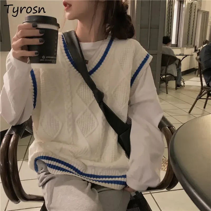 Sweater Vest Women Retro Panelled V-neck Sleeveless Sweaters Preppy Style Loose Stylish Knitted Tops Students Hot Sale Ulzzang