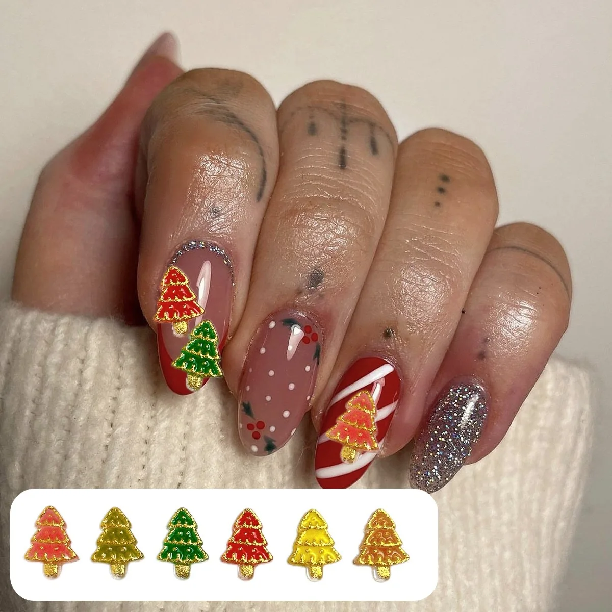 40 個ゴールドリム 3D アクリルネイルアートクリスマスツリーチャームアクセサリーグリッターネイルデコレーションマニキュア装飾用品