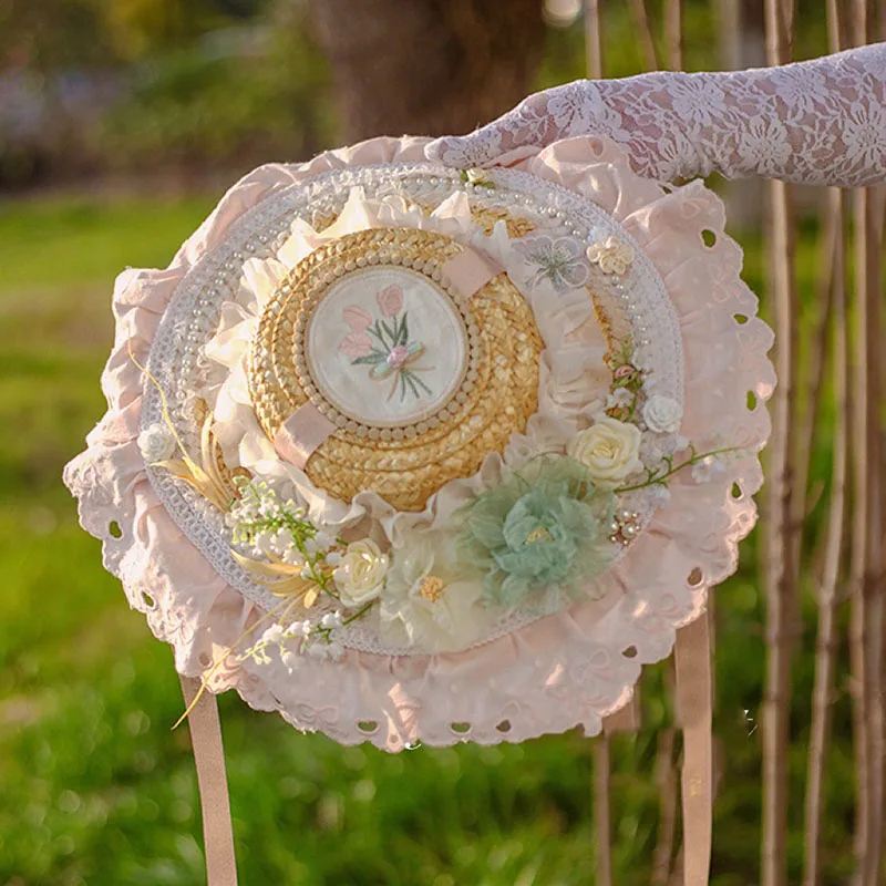 Lolita Straw Visor, Four-Hour Flower Mori Pastoral CLA Lace Hat