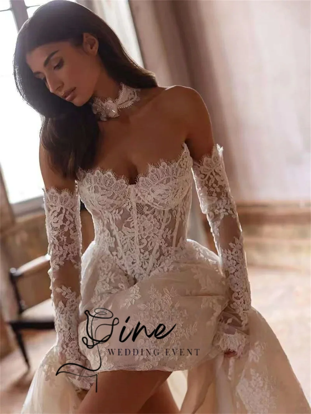 Oine Sweetheart Long Sleeves Wedding Dress 2026 Lace Appliques Train Bridal Gown Backless Draped Luxury Bride Dress  Customized