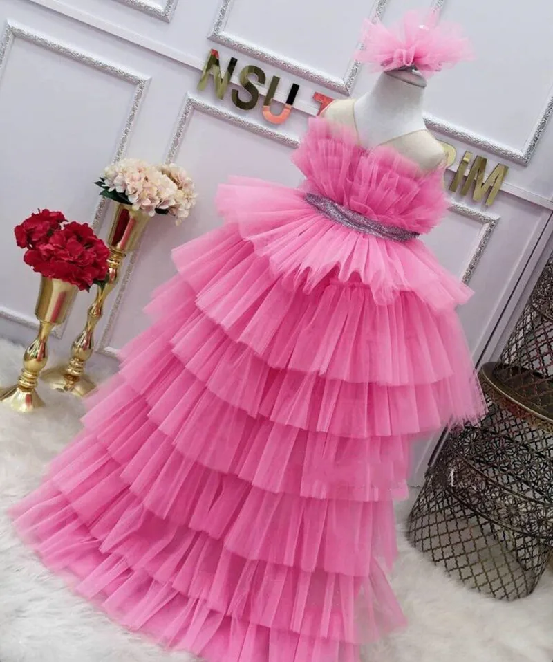 

Hot Pink Flower Girl Dress Sheer Neck Long Princess Dress for Wedding Bridesmaid Birthday Party Gown First Communion Dress