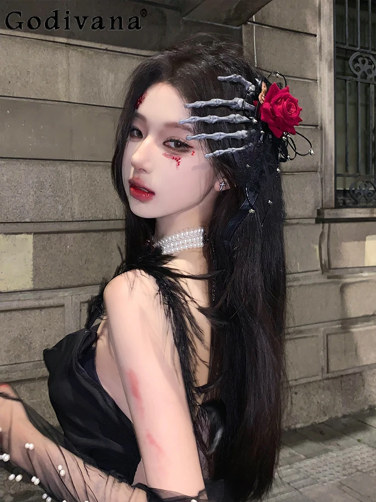 

Головной убор в стиле Лолиты, косплей, темно-готика, винно-красная роза, череп, заколка для волос на палец, аксессуары для волос на Хэллоуин, реквизит, костюм