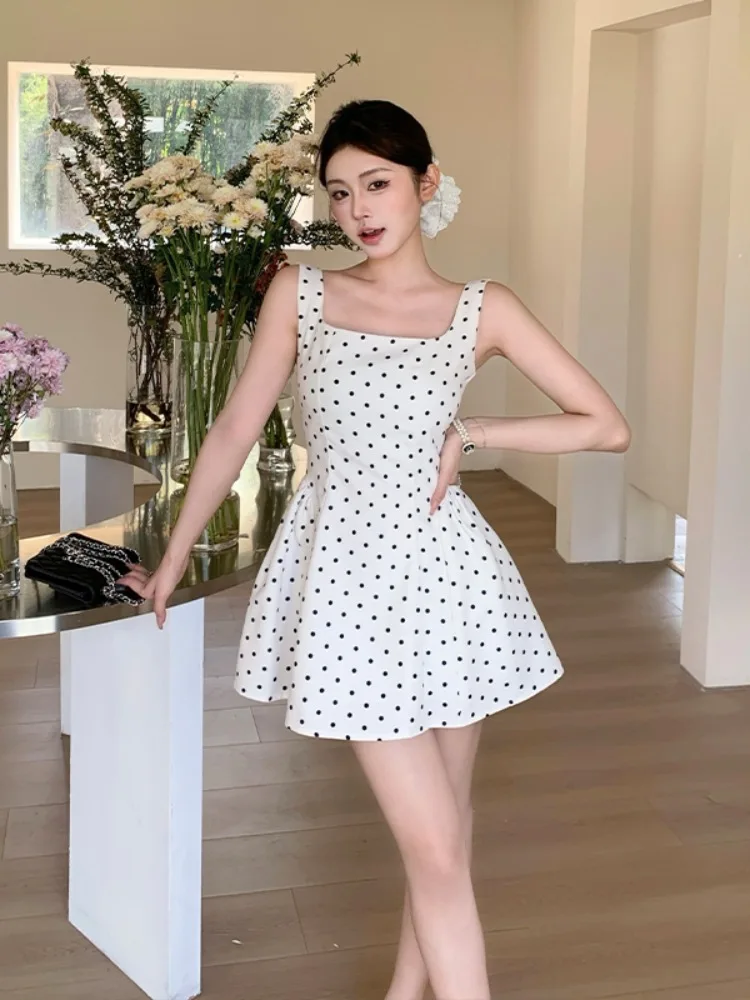 

Новое летнее женское платье Sweet Sister с квадратным вырезом в горошек, с завышенной талией, короткое, без рукавов, элегантный стиль