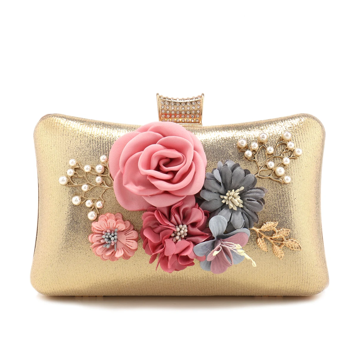 Flower Women Evening Bags Glitter Handbags Pearl Clutch Diamonds Metal Golden Purse Gift Best Girl Purse