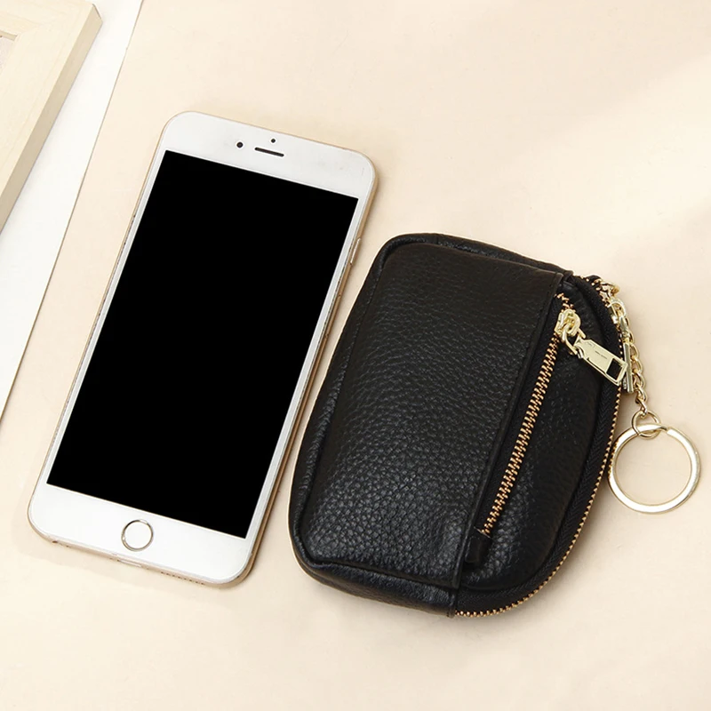 Women Coin Purse Genuine Leather Female Double Zipper Travel Organizer Mini Pouch Women Storage Bag with Key Chain Small Wallets