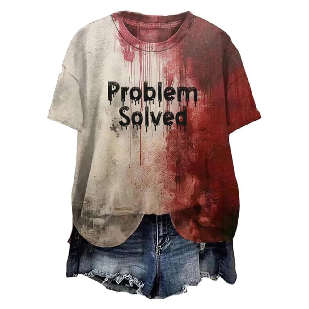 I'm Fine Bloody T-shirt Problem Solved Halloween Merch Shirts Crewneck Short Sleeve Custom DIY Tee Women Men Streetwear Tops