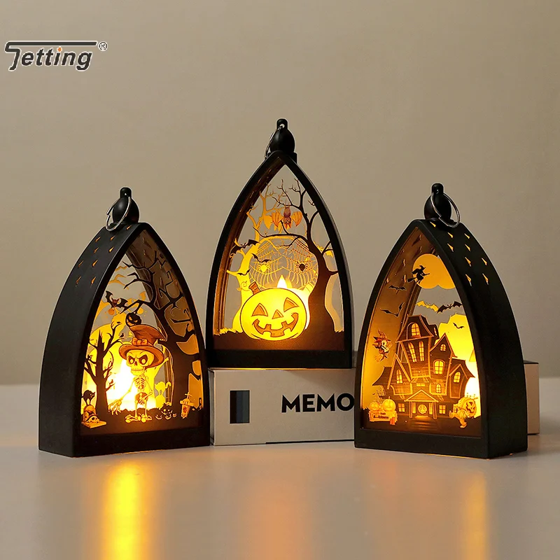 Halloween Laternenlichter - Dekoration Vintage LED Kürbislichter |   Tischlaterne mit Skelett-Kürbis-Schloss |   Lampenornament