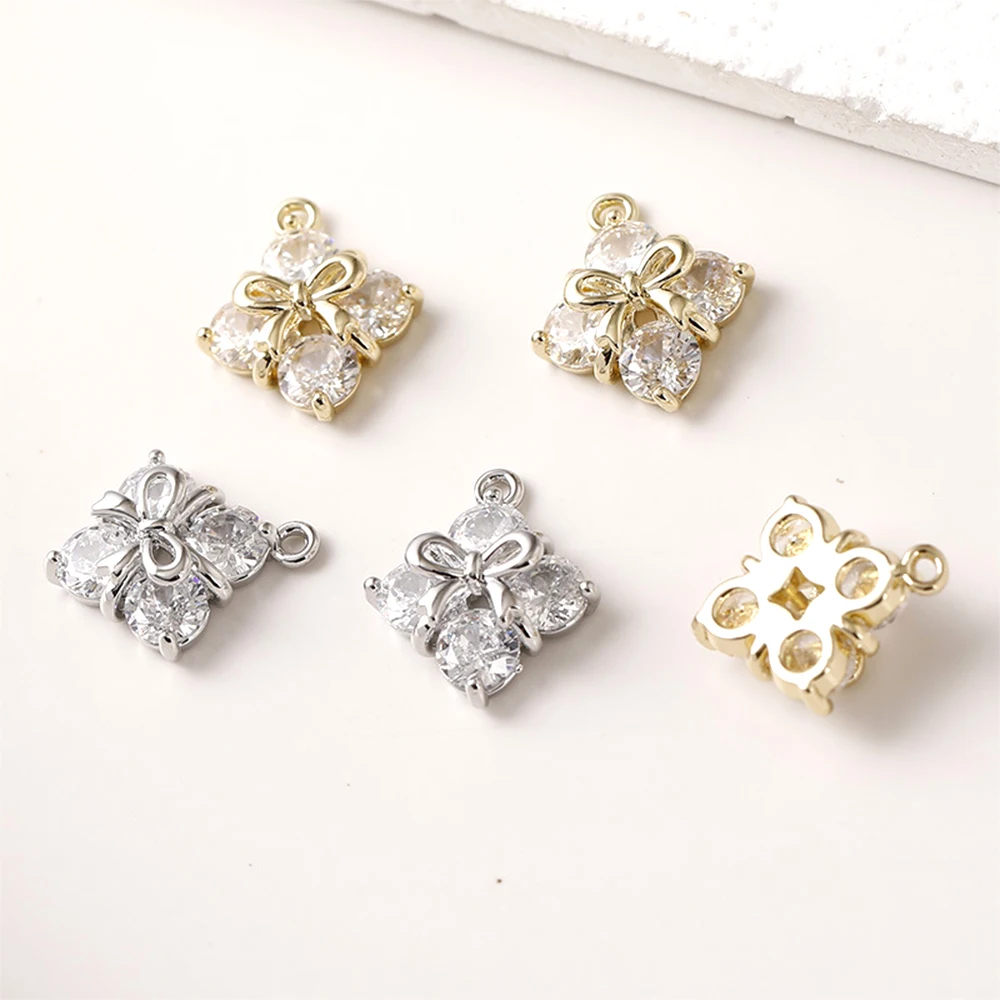 

3 шт., медное покрытие с 14-каратным золотом, циркон, инкрустированный бантом, квадратный кулон, сделай сам, изготовление ювелирных изделий, ожерелье, браслет, аксессуары, материалы