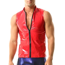 Men's Wet Look Glossy PVC Leather Tank Tops Sleeveless T-shirts Stand Collar Sexy Front Zipper Nightclub Dance Vest Undershirts