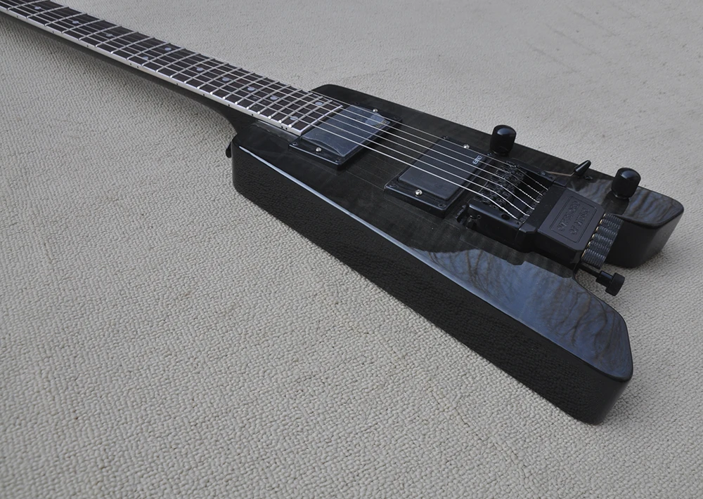 Black Headless Electric Guitar with Flame Maple Veneer,24 Frets,Customized Logo/Color Available