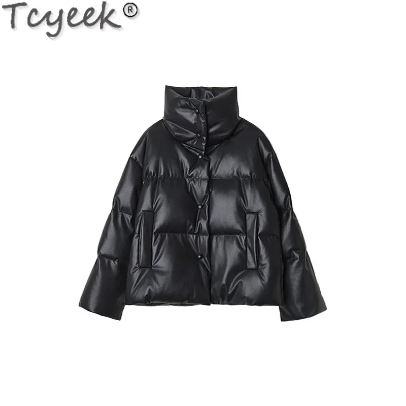 Tcyeek-Doudoune en cuir véritable pour femme, manteau chaud, cuir de mouton, coupe combinée, nouveau style, hiver