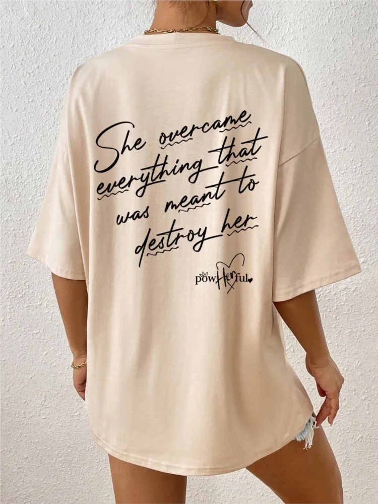 Women Cotton T-Shirts Personality Slogan Powerful Letter Print Street tees Spring Sporty Casual Tops Loose Comfortable Clothes