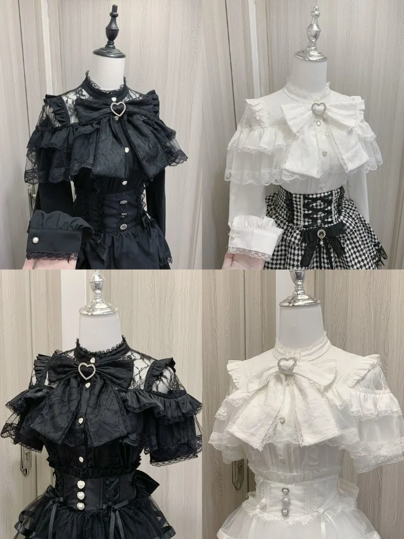 

Japanese Mine Lolita Bow Shirt Subcultural Shirts Female Cute Black White Lace Long-sleeved Short Sleeved Blouse Women