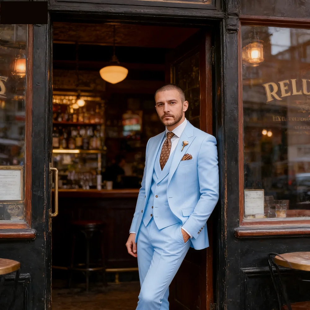 

High Quality 3 Piece Khaki Men Suits Peak Lapel Slim Fit Men Clothing Elegant Wedding Jacket Vest Pants Sets for Business Party