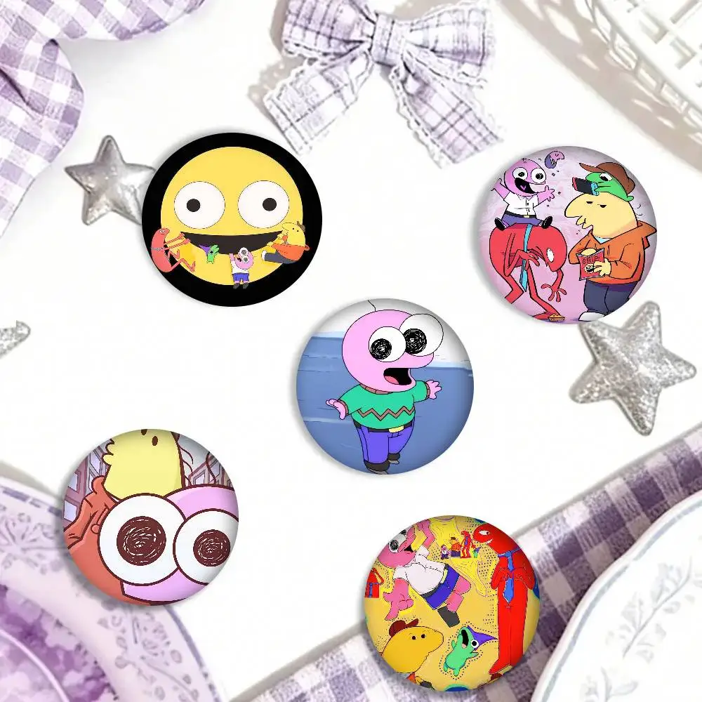 Anime S-Smiling Friends Anime-Foto-Broschen, kreative runde Anstecknadeln, Geschenke, Pins