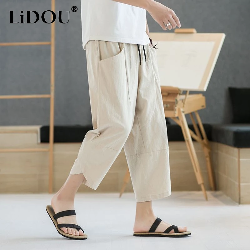 

2023 Summer New Vintage Solid Color Loose Calf-lengh Pants Man All-match Elastic Waist Pockets Cotton Hemp Wide Leg Trousers