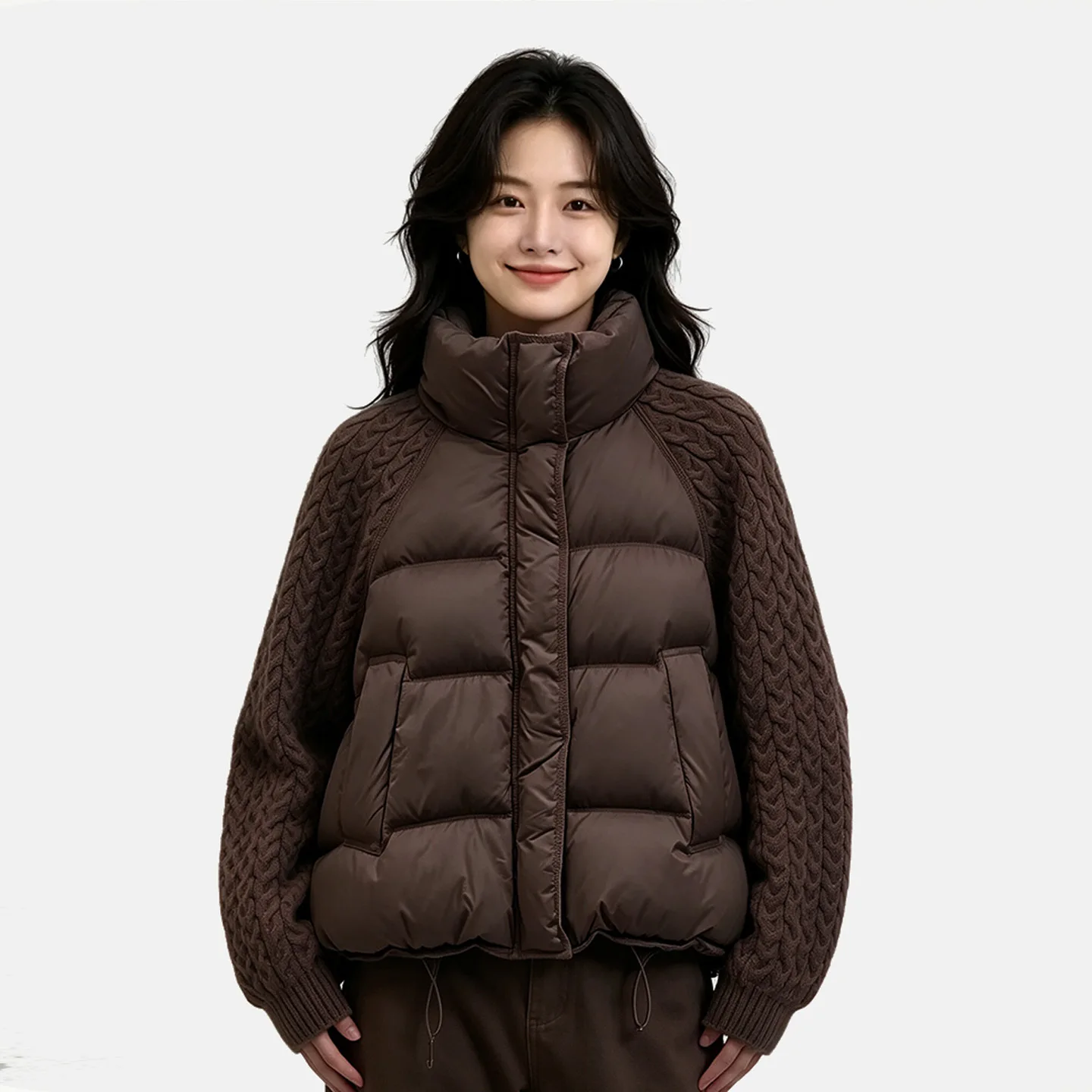 New Winter Turtleneck Down Cotton Jacket Women Patchwork Knitted Warm Drawstring Short Puffer Coat Female Oversize Parkas