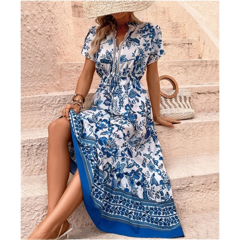 Summer Floral Print Women's Dr Casual Street Sle Long Skirt Princ Ball Gown V-Ne ort Sve A-Line Midi Dr
